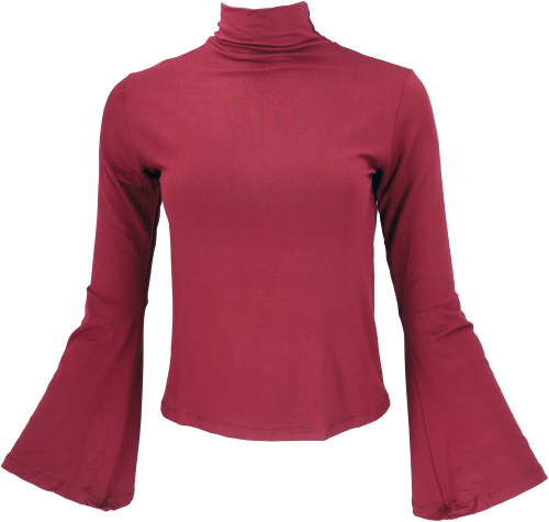 Slim-fit long sleeve shirt with trumpet sleeves and high collar - wine red