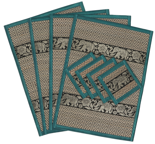 Placemats, raffia coasters, table mat set of 4 - turquoise - 25x35x0,3 cm 