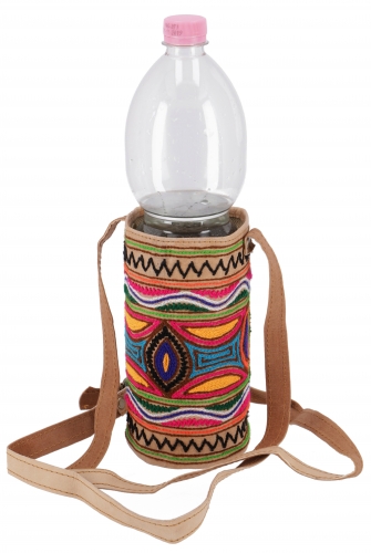 Bottle bag, embroidered water bottle bag, camel leather drink holder - 17x8x8 cm  8 cm