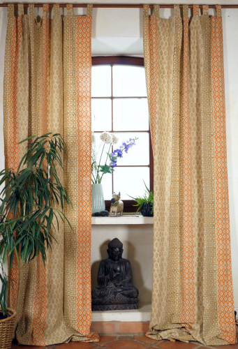 Boho Vorhnge, berlange Gardine (1 Paar ) mit Schlaufen, handbedruckter Ethno Style Vorhang - Muster orange - 250x100x0,2 cm 