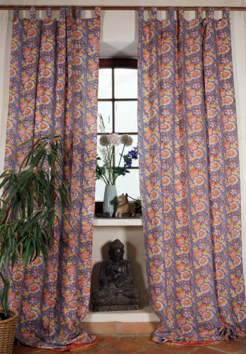 Boho Vorhnge, berlange Gardine (1 Paar ) mit Schlaufen, handbedruckter Ethno Style Vorhang - orange - 250x100x0,2 cm 