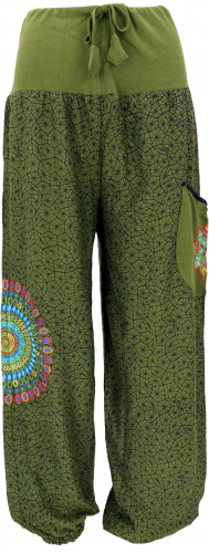 Wide harem pants with wide waistband and mandala embroidery - olive green