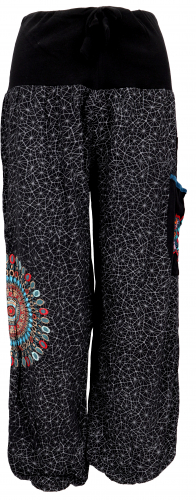 Wide harem pants with wide waistband and mandala embroidery - black/gray