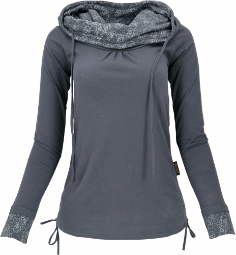 Long shirt made of organic cotton, boho shirt shawl hood - blue-grey