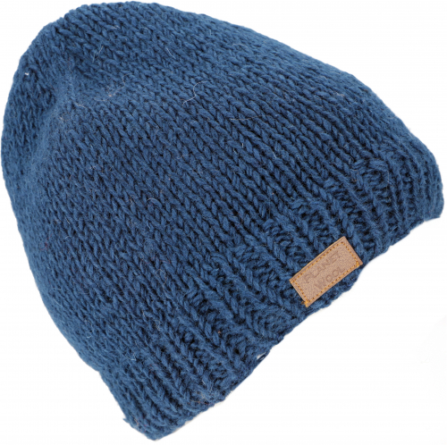Single-colored hand-knitted wool hat from Nepal - petrol