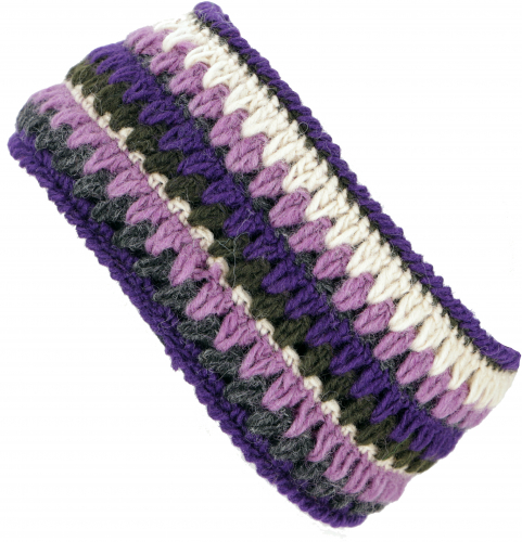 Buntes Hkel-Stirnband aus Schurwolle - violet/ grau - 10x20 cm