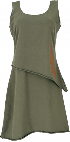 Layered organic cotton mini dress, sleeveless boho dress with feather print - olive