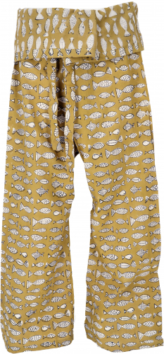 Hand-printed fisherman pants, hand-printed yoga pants - mustard yellow/fish