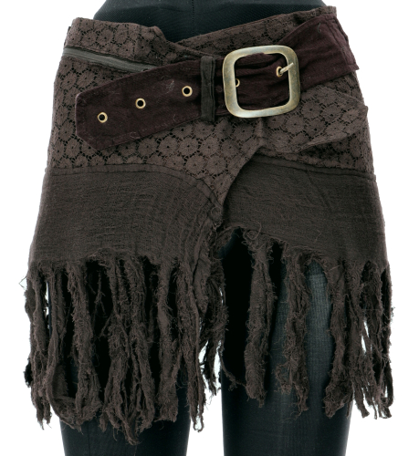Goa mini skirt, wrap skirt, tribal cacheur, hip flatterer, fringed skirt - brown