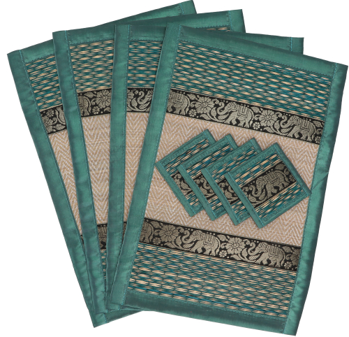 Placemats, raffia coasters, table mat set of 4 - turquoise - 30x45x0,3 cm 
