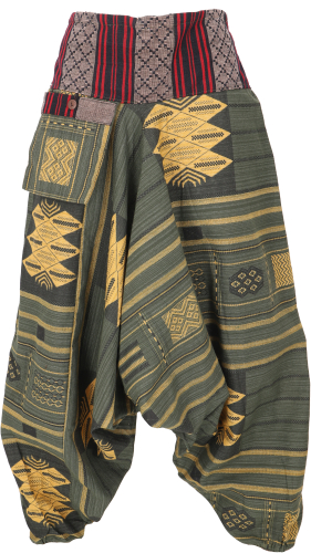 Harem pants with wide woven waistband, ikat Thai harem pants - olive