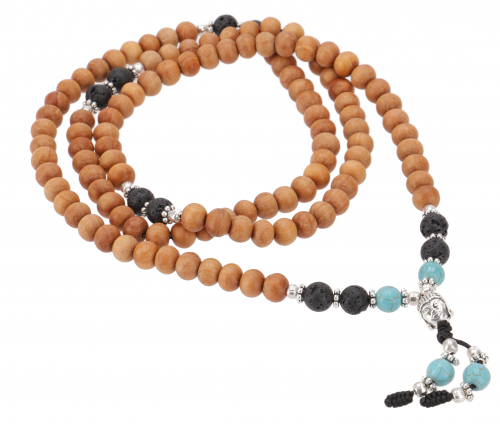 Tibetan prayer necklace, Buddhist sandalwood mala necklace with turquoise and lava - model 34 - 90 cm