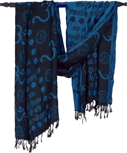 Pashmina viscose scarf/stole with OM pattern - black/blue - 180x70 cm
