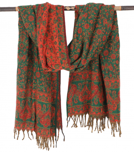 Soft pashmina scarf/stole with paisley pattern - green/orange-red - 200x95 cm