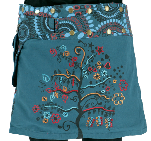 Embroidered wrap skirt, short goa skirt, cacheur - petrol