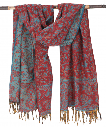 Soft pashmina scarf/stole with paisley pattern - petrol blue/red - 200x100 cm