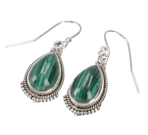 Drop-shaped Indian silver earrings, boho earrings - malachite/dark - 2,5x1 cm