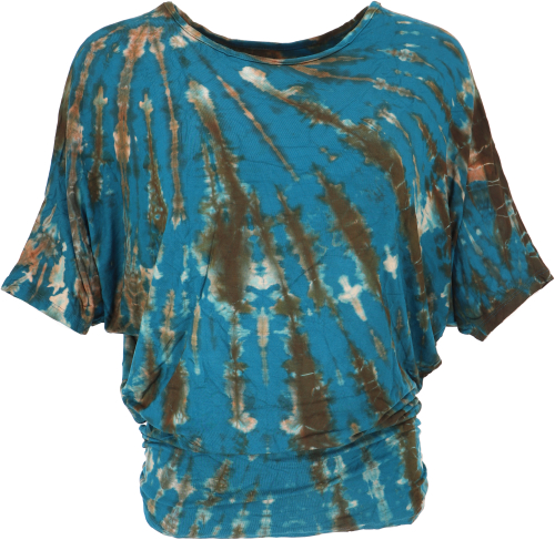 Batik shirt with batwing sleeves, loose batik top, T-shirt - turquoise blue