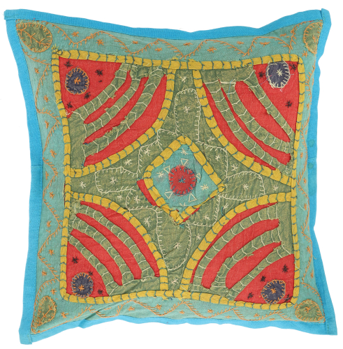 Unique patchwork decorative cushion cover, Indian boho cushion cover - turquoise blue - 40x40x0,2 cm 
