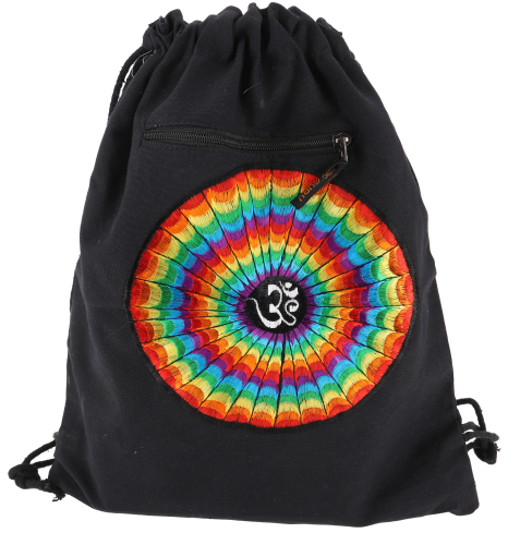 Embroidered gym bag, backpack, sports bag, leisure bag, goa bag, hippie bag - black/rainbow/OM - 45x35x15 cm 