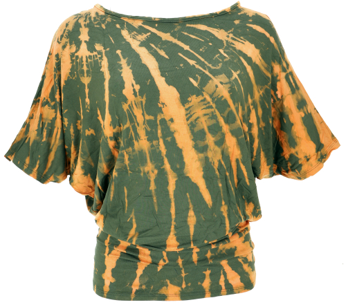 Batik shirt with batwing sleeves, loose batik top, T-shirt - olive green/apricot