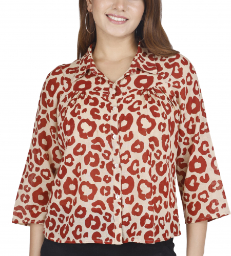 Hand-printed boho blouse, airy cotton blouse - beige/red