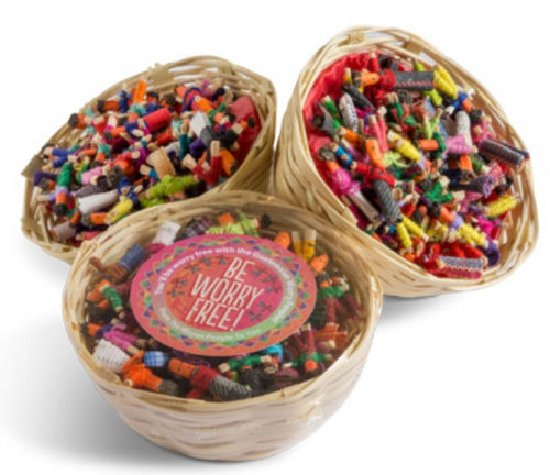 Mini worry dolls - 72 pieces 2.5 cm in a bamboo basket