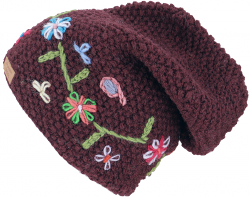 Beanie hat, embroidered knitted hat, Nepal hat, winter hat - dark wine