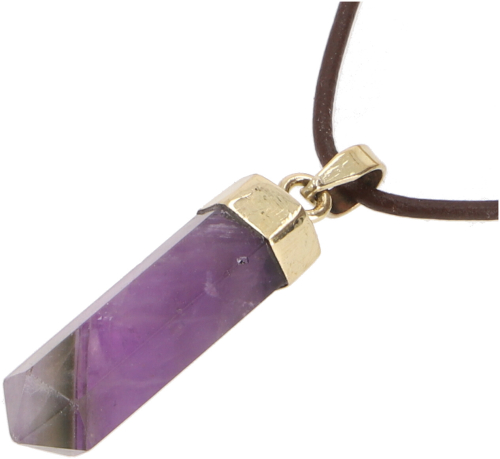 Hexagon pendant, gemstone pendant, crystal lace with leather strap - amethyst/gold - 4x1 cm