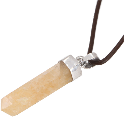 Hexagon pendant, gemstone pendant, crystal lace with leather strap - calcite/amber - 4x1 cm