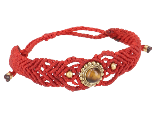 Bead bracelet, macram bracelet, ankle bracelet, foot jewelry - tiger`s eye/red