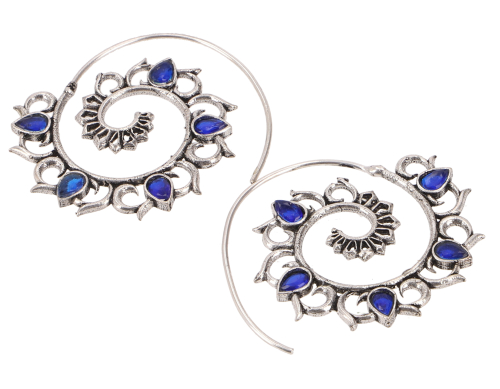 Hngeohrringe aus Messing und Perlen, Tribal Spiralohrringe - silber/blau - 5x4x0,1 cm 