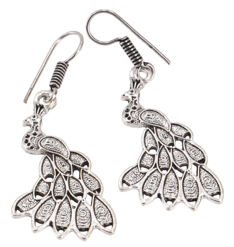 Tribal earrings made of brass, ethnic earrings, goa jewelry with peacocks - silver - 5x2x0,1 cm 