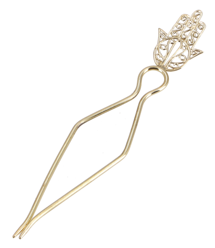 Goa hair pin, brass hair stick, hippie hair clip, boho hair fork - Fatima`s hand/gold - 15 cm