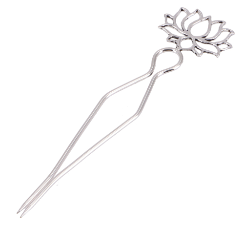 Goa hair pin, brass hair stick, hippie hair clip, boho hair fork - lotus/silver - 14,5 cm