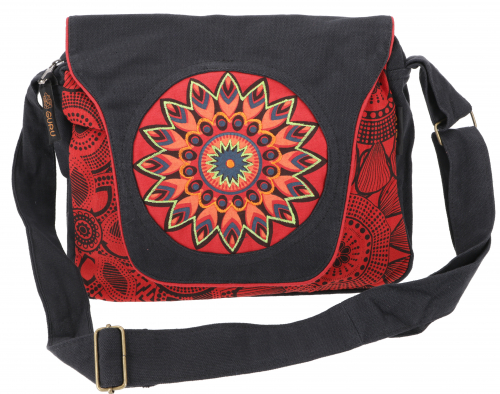 Schultertasche, Hippie Tasche, Goa Tasche - schwarz/rot - 23x24x12 cm 