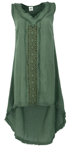 Natural tunic dress, maxi dress, boho summer dress with handmade tribal print - dark green