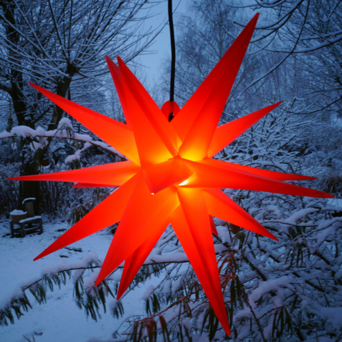 3D Auenstern Kaspar, Weihnachtsstern, Faltstern mit 18 Spitzen incl. 7 m Kabel & LED Leuchtmittel -  55 cm Trafo rot