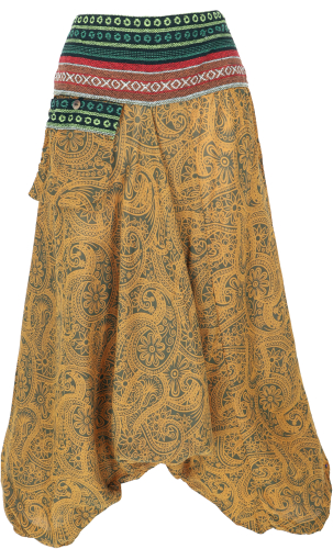 Printed harem pants, harem pants with wide woven waistband - olive/mustard