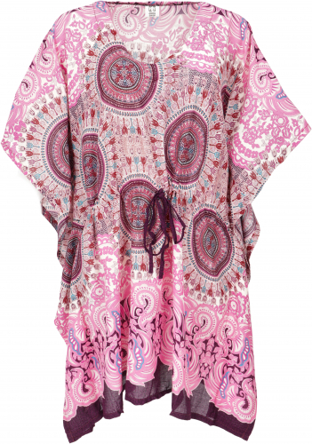 Poncho, mandala tunic, boho kaftan, short sleeve beach tunic for strong women - pink
