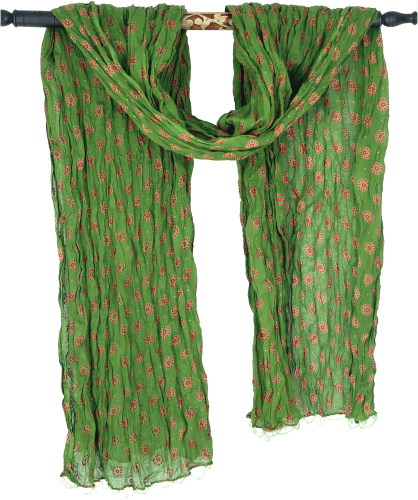 Indian cotton scarf, light scarf with gold print and pearl border - green - 200x95 cm