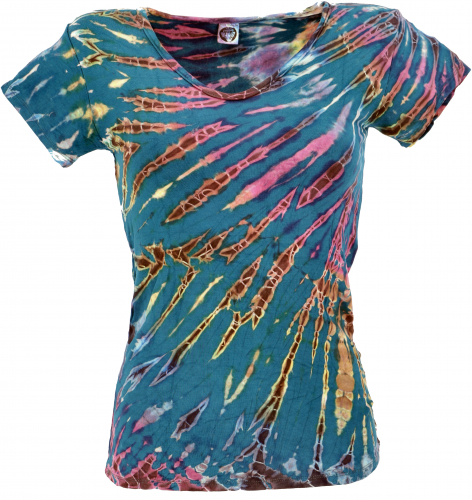 Batik Hippie T-Shirt mit V-Auschnitt, Unikat Boho Batikshirt - petrol