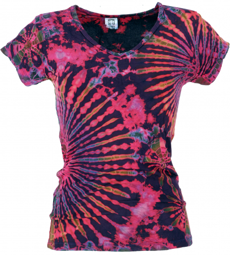 Batik Hippie T-Shirt mit V-Auschnitt, Unikat Boho Batikshirt - pink