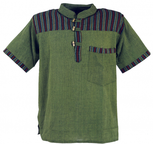 Nepal fisherman shirt, striped Goa hippie short sleeve shirt - olive