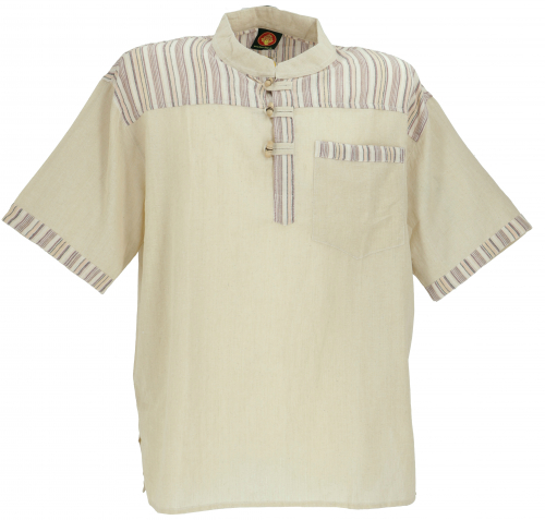 Nepal fisherman shirt, striped Goa hippie short sleeve shirt - linen colored