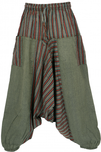 Harem pants, striped patchwork harem pants, bloomers, aladdin pants - olive