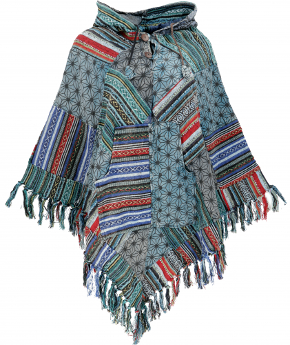 Patchwork poncho with hood and fringes, boho ethno poncho - blue