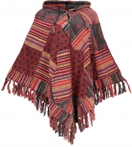 Patchwork poncho with hood and fringes, boho ethno poncho - rust red