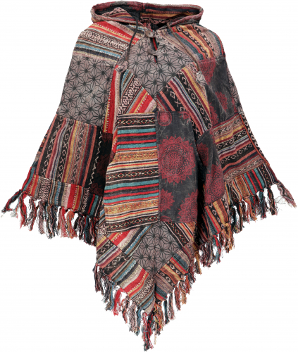 Patchwork poncho with hood and fringes, boho ethnic poncho - brown