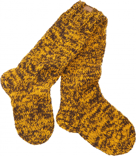 Handgestrickte Schafwollsocken, Haussocken, Nepal Socken - gelb/braun